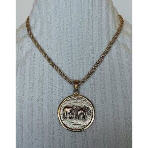 Signed KR Two-Tone Elephant Pendant Necklace Heavy Rope Chain 17-20 inch